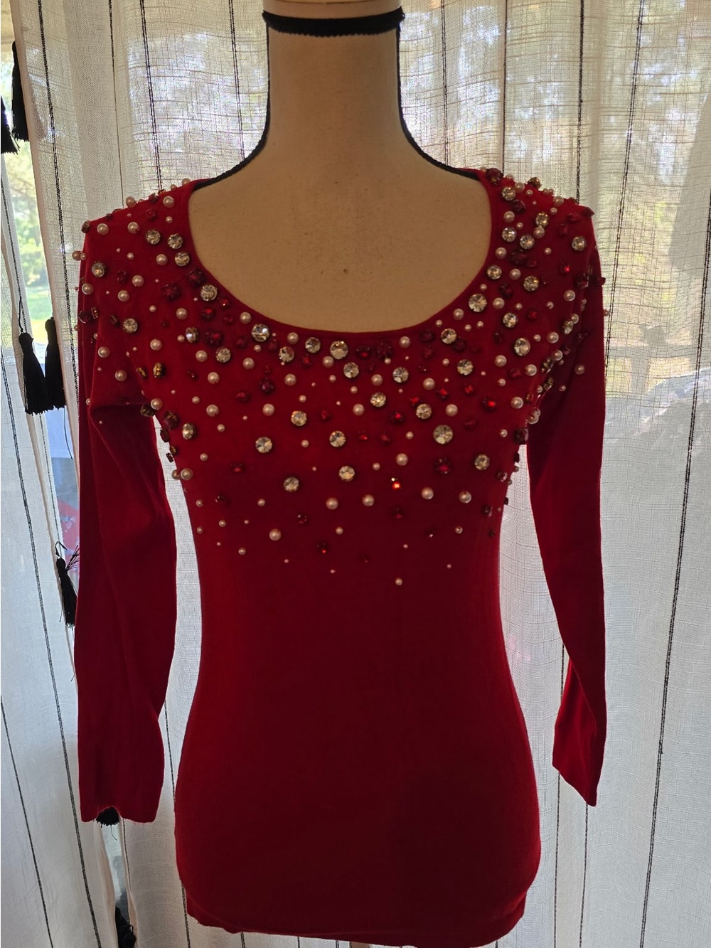 Boston Proper Red Scoop-Neck Embellished Long-Sleeve Top